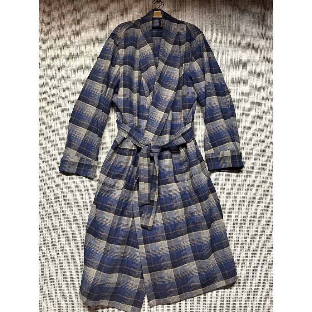 Vintage Pendleton Wool Robe Mens XL Blue Plaid Belted Made USA 80s Virgin Wool